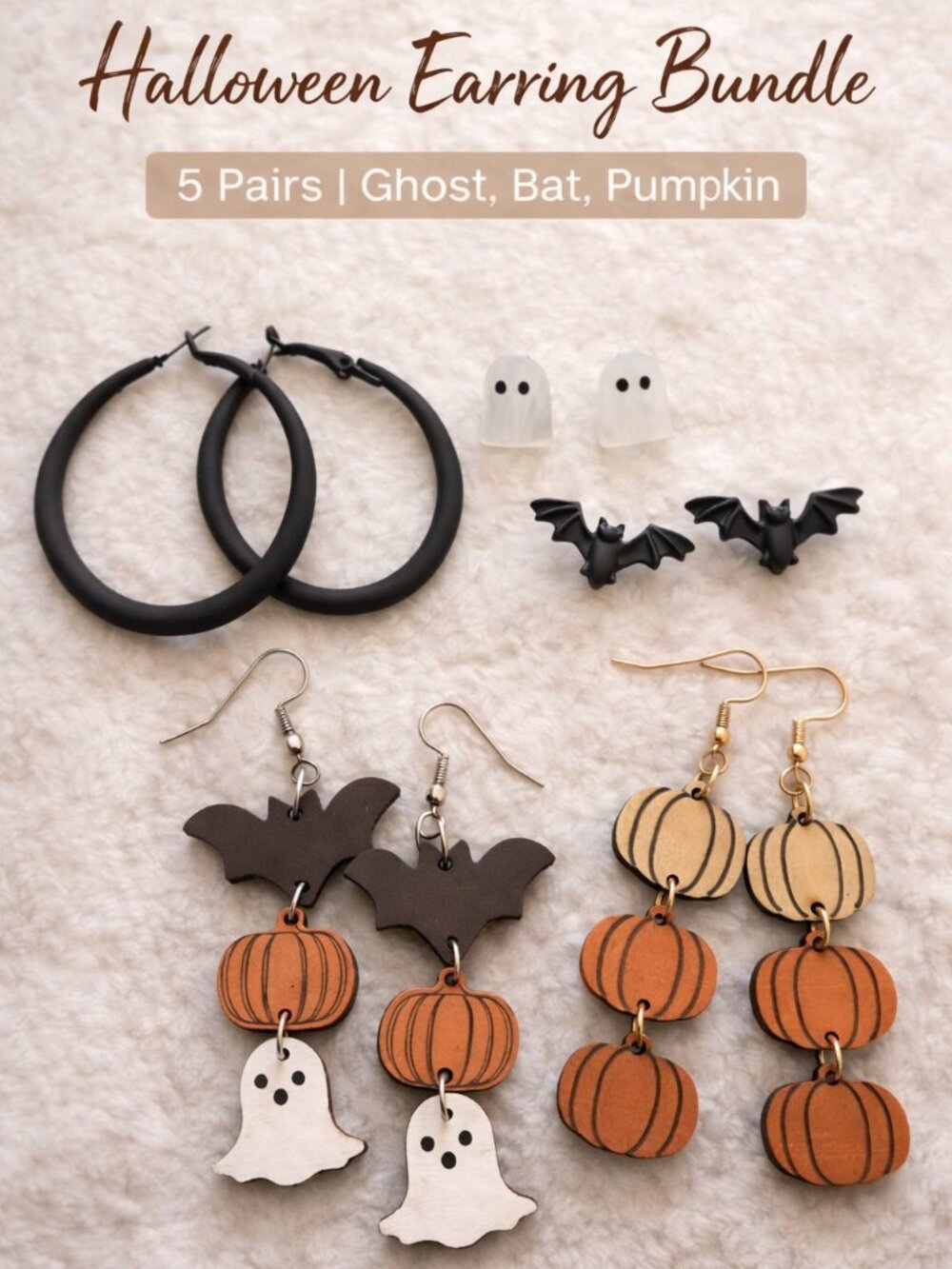 Halloween Earring Bundle (5 Pairs) | Ghost, Bat, Pumpkin | Hoops + Studs - Picture 1 of 4